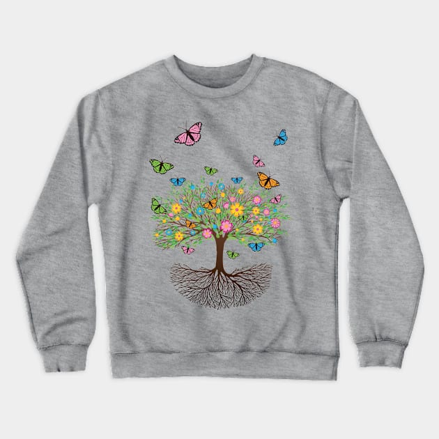 Tree of life with butterflies and flowers Crewneck Sweatshirt by Bwiselizzy